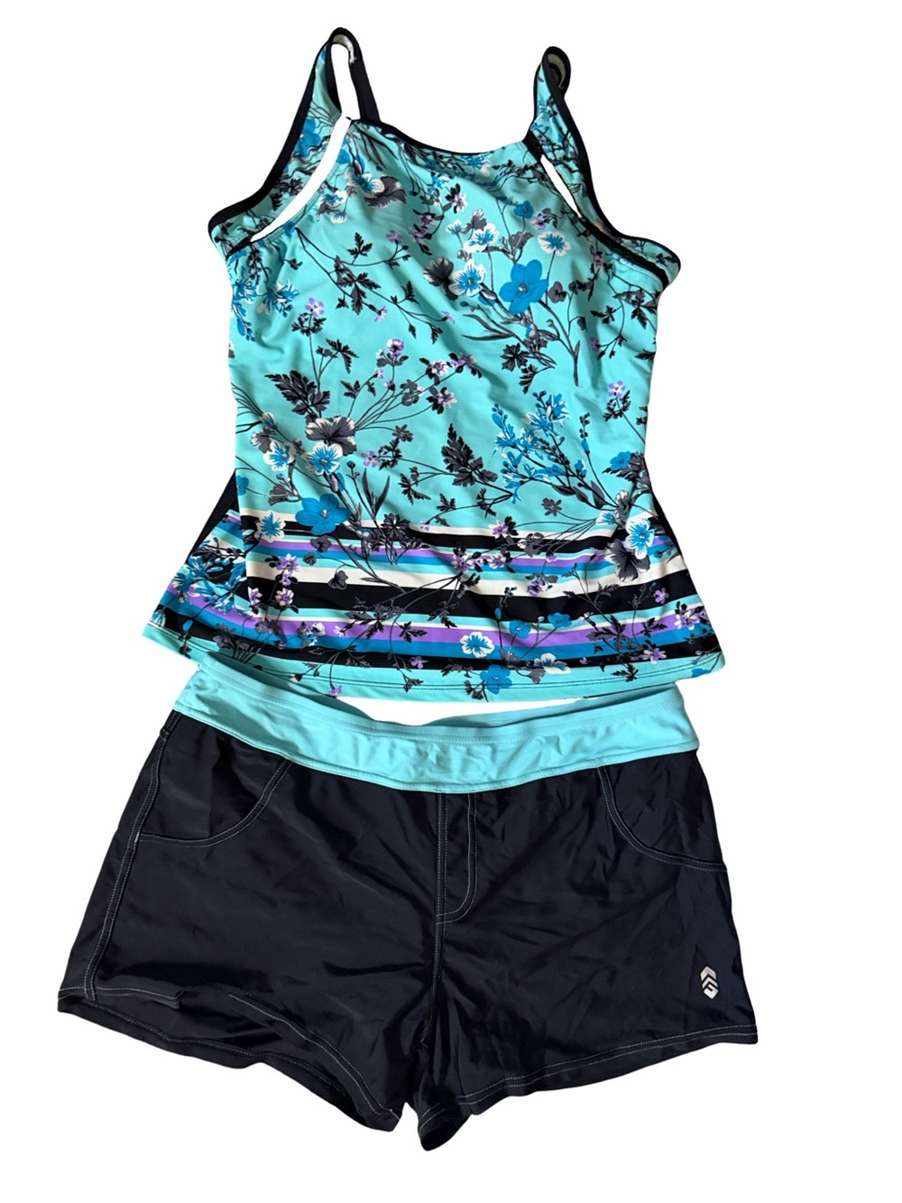 Free Country Aqua Floral Tankini Top with Black Bottoms. Size L. Padded.